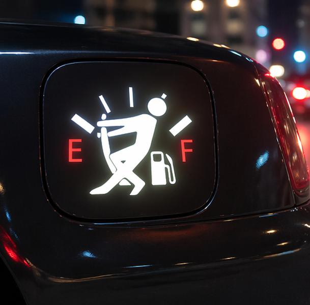 Funny "Running on Empty" Car Gas Tank Vinyl Decal - Fuel Door Sticker, Gas Cap Accessory, 2-Pack Option, All Models Compatible