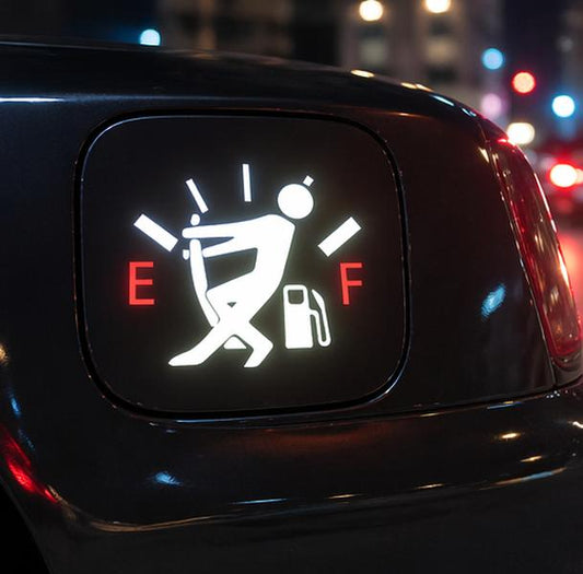 Funny "Running on Empty" Car Gas Tank Vinyl Decal - Fuel Door Sticker, Gas Cap Accessory, 2-Pack Option, All Models Compatible
